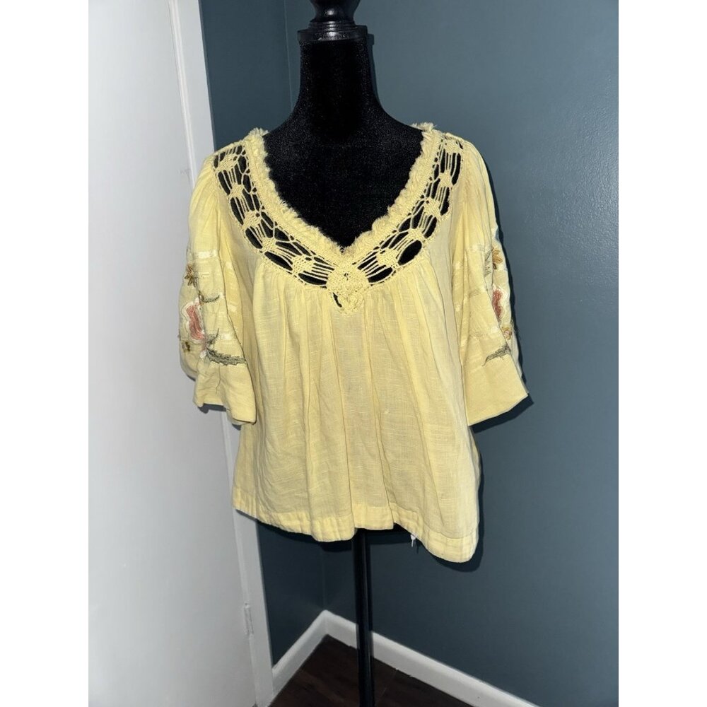 Free People Bohemia Flower Embroidered Puff Sleeve Boho Blouse Limelight Yellow